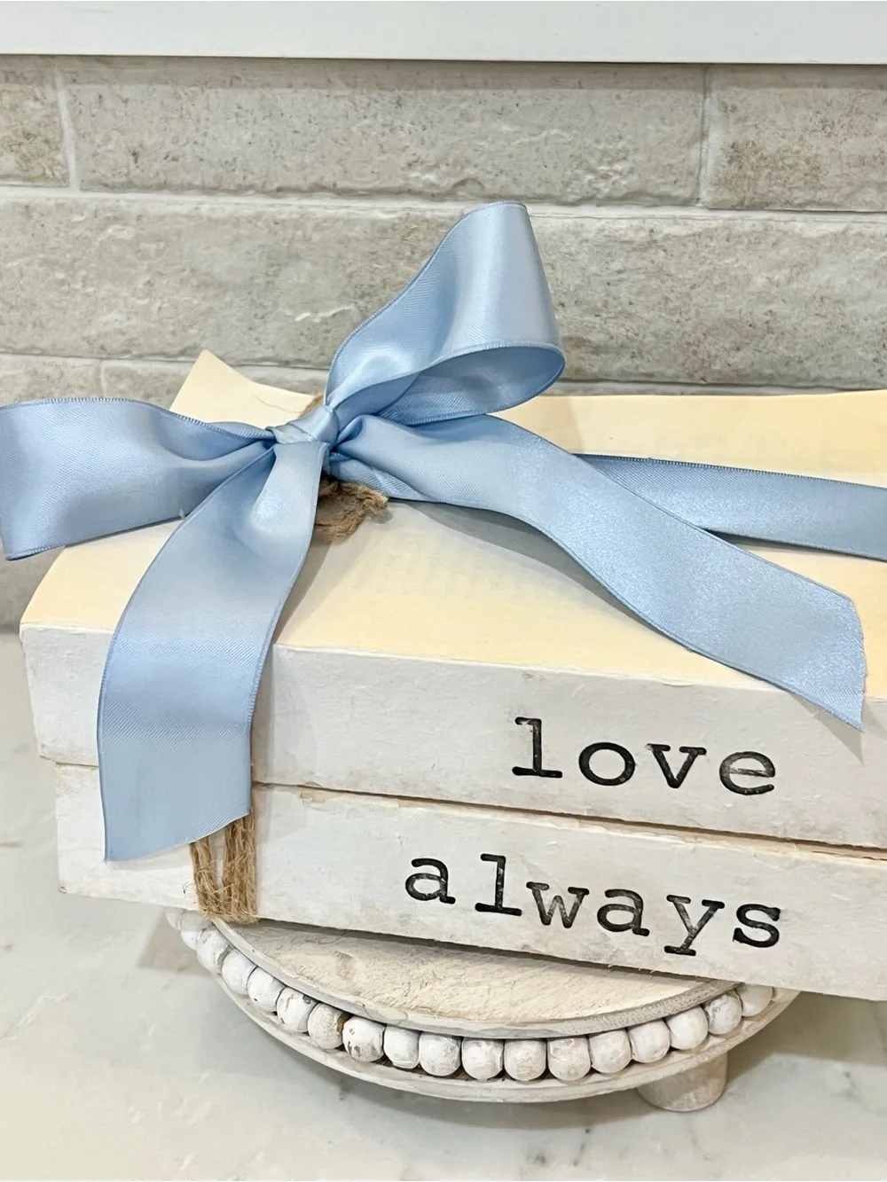 White Decorative real Book Stack with Light Blue Ribbon - Love Always